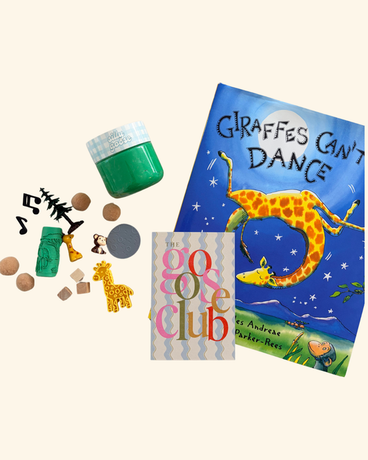 Giraffes Can't Dance book with green sensory playdough kit and Goose Club card