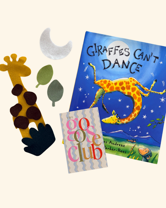 Goose Club at Home felt giraffe kit with Giraffes Can't Dance book and activity pieces
