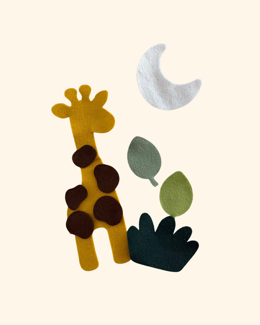 Handmade felt giraffe, moon, leaves and grass activity pieces